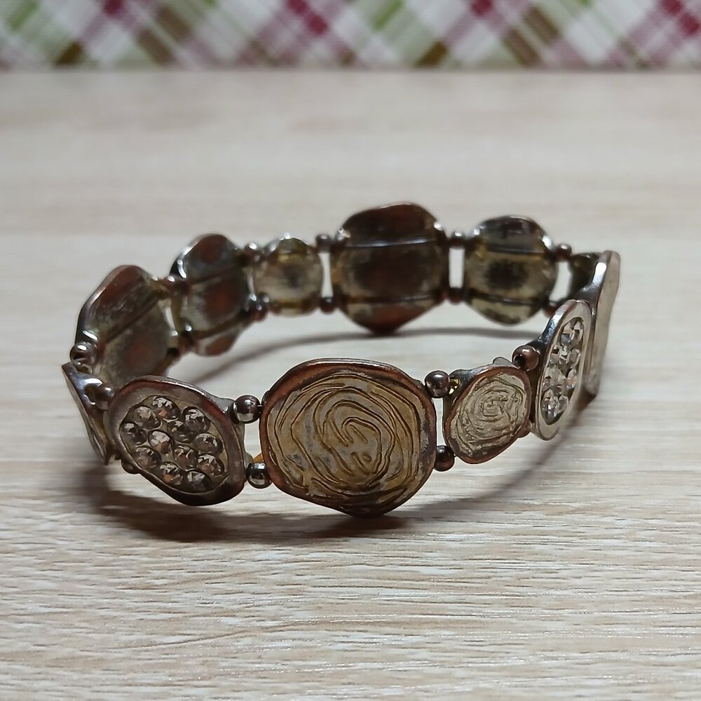 Vintage Bronze Tone Brown Flat Bead Stretch Bracelet Cuff #27